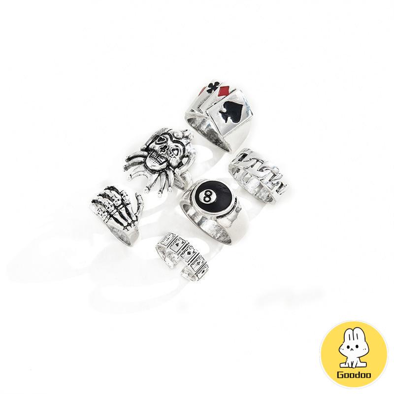 6PCS/Set Cincin Unisex  Punk Membesar-besarkan  Badut Poker Cakar Hantu Tengkorak  Perhiasan Bulat Nomor 8 -Doo