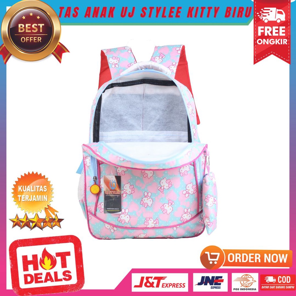 Tas Gendong Anak Ransel TK SD Karakter Kitty Biru Backpack Anak Perempuan Cewek Fashionable Keren Stylish Multifungsi Bonus Tempat Pensil