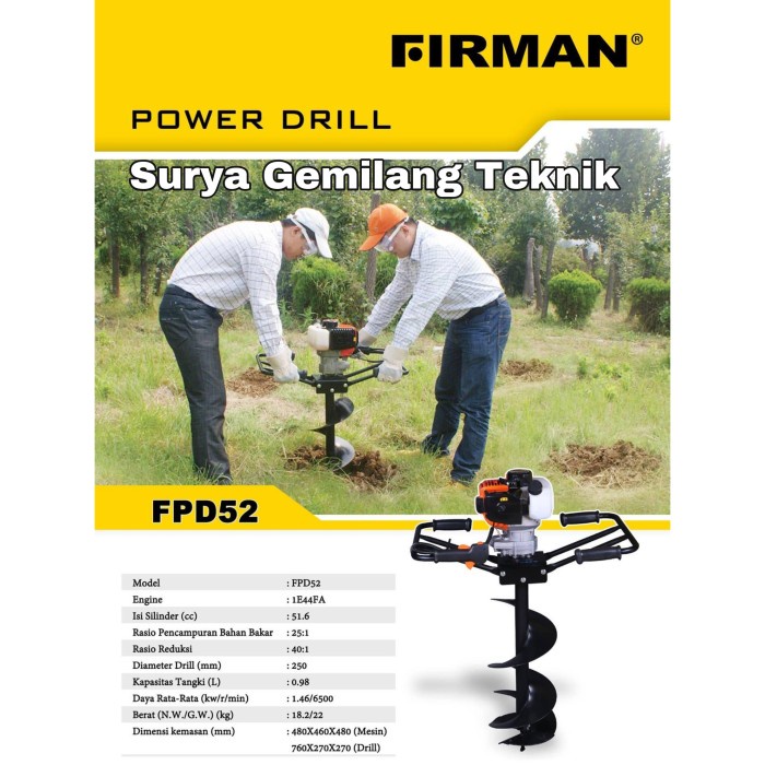Firman Mesin Bor Tanah Auger Power Drill Firman Fpd52 Drill Bit 6"