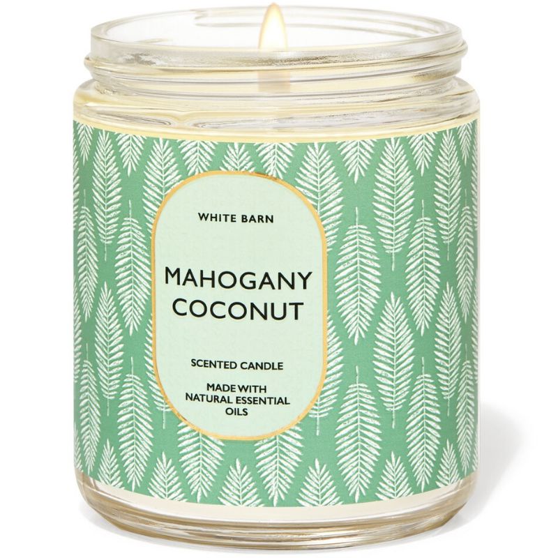 BATH &amp; BODY WORKS BBW MAHOGANY COCONUT MADE WITH ESSENTIAL OILS WHITE BARN 1 SINGLE WICK SCENTED CANDLE 198 G PENGHARUM RUANGAN