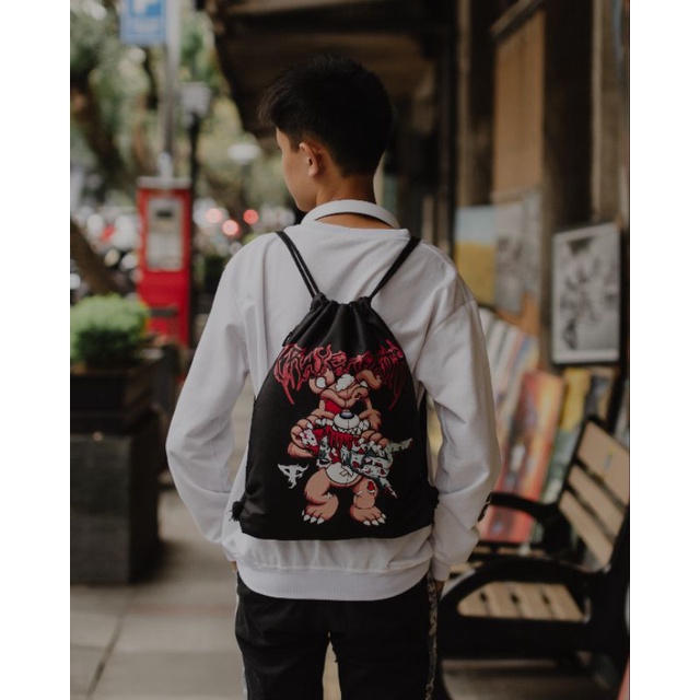 TAS SERUT Sekolah Kuliah Olahraga futsal - Tas serut kanvas Anti air - StringBag Kanvas hitam