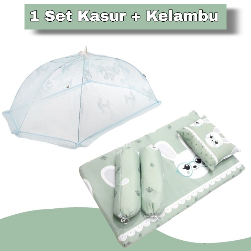 kasur bayi 1 set kelambu - kasur bayi baru lahir + kojong - kasur bayi 1 set lengkap Dengan Bantal Dan Guling - tempat tidur bayi Ukuran 75x45Cm - Kojong Ukuran 90x60Cm