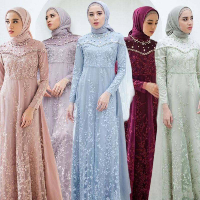 DRESS WANITA BRUKAT TILLE MUTIARA GAMIS KONDANGAN HIJAB TERBARU WEDDINGDRESS MODERN