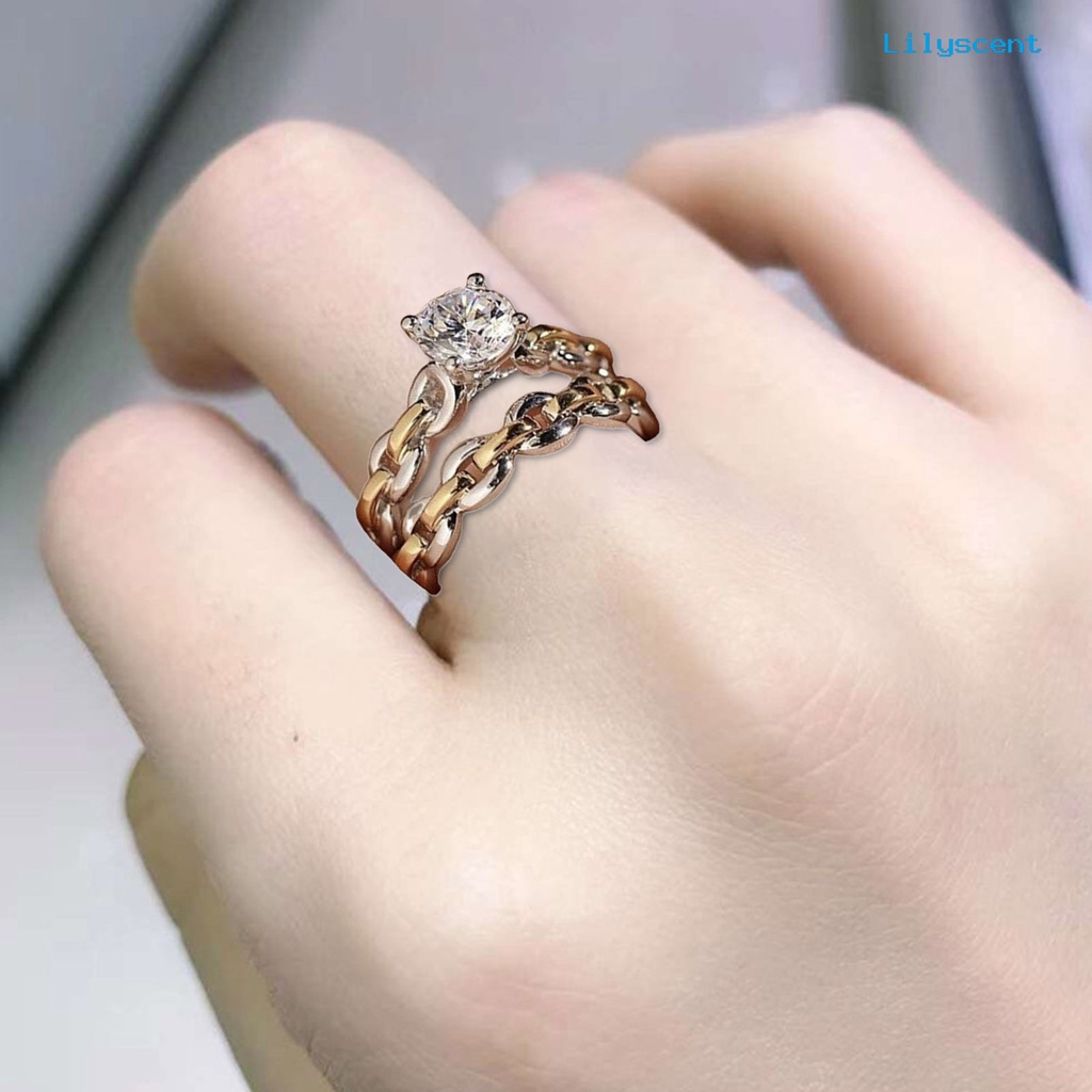 [LS]2Pcs /Set Rantai Permukaan Halus Pernikahan Band Alloy Two-tone Berlian Imitasi Wanita Rings Charm Jewelry