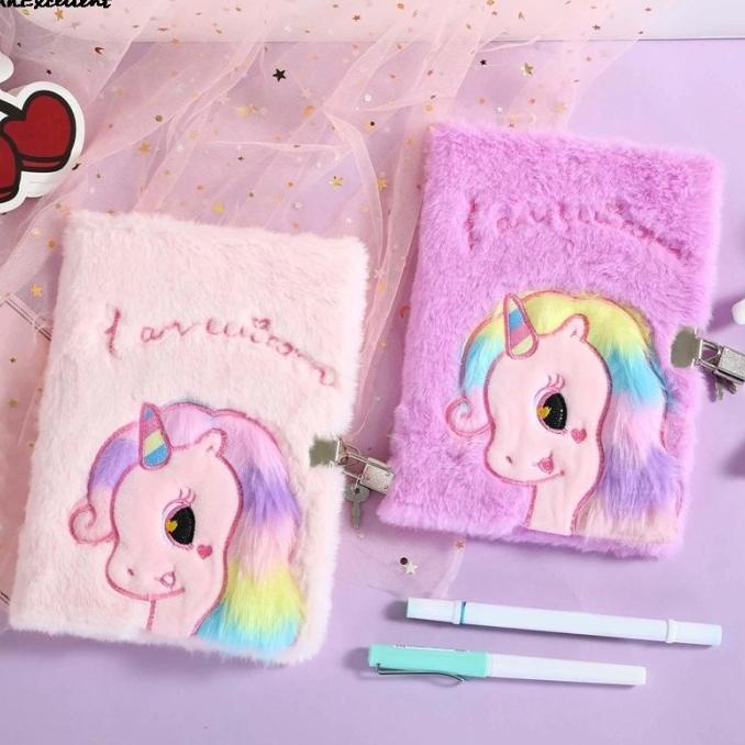 

Buku Unicorn notebook sequin unicorn panda bulu dengan gembok / lock