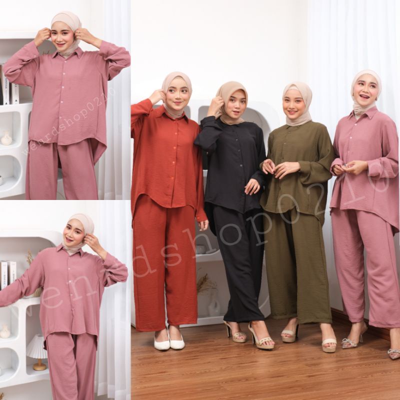 ONE SET CEYA/ SETELAN KEMEJA CRINKLE LENGAN PANJANG/ KEMEJA CRINKLE SET HIJAB FRIENDLY