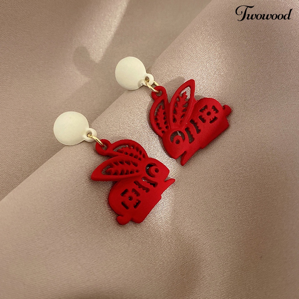 Twowood 1pasang Anting Menjuntai Kelinci Dekorasi Karakter Cina Romantis Menguntungkan Mutiara Imitasi Hiasan Telinga Vintage Cina Merah Cutting Paper Rabbit Earrings Aksesoris Pakaian