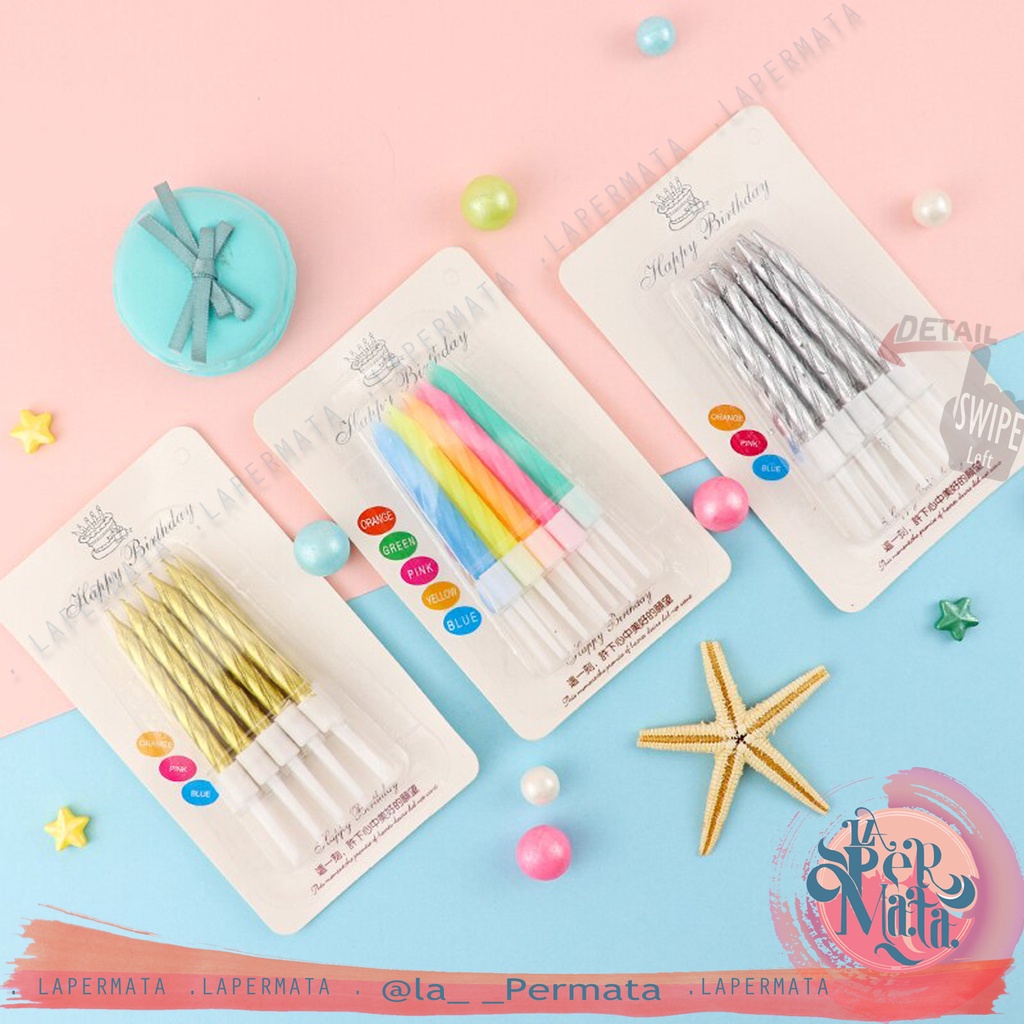 Lilin Ulang Tahun Ulir / Spiral Pendek METALIC | PASTEL isi 10 pcs - LPM Shop