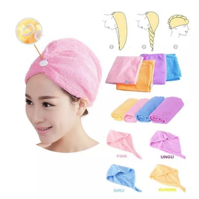 HANDUK KERAMAS /  Hairtowel Handuk Turban Microbulu / Handuk Mandi Kancing Kramas Handuk Rambut Onehand