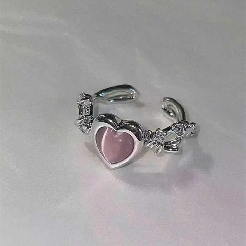 Cincin Fashion Hati Cat Eye Peach Heart Adjustable Women Design Premium Rings Hadiah Perhiasan Pesta Pernikahan