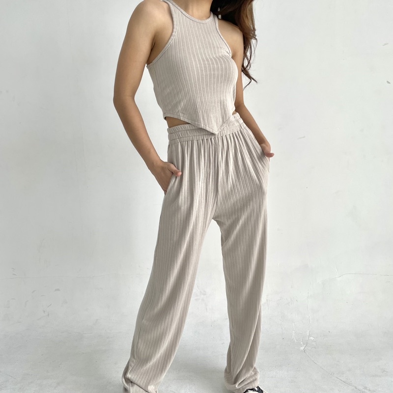 LOU SET | Setelan Wanita Ribbed Knit Set Tanktop Celana Panjang Highwaist Highwaisted Pants