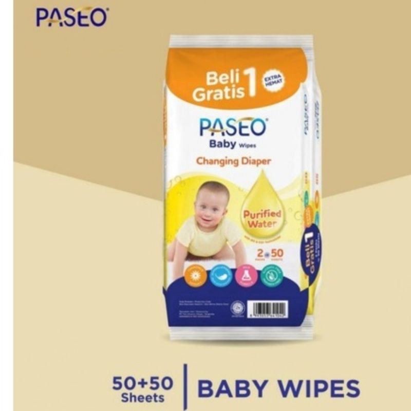 Paseo Baby Changing Diaper 50s + 50s Buy 1 Get 1 - Tissue Basah Paseo Bayi Ganti Popok Anti Iritasi - Tisu Basah Wipes Buy 1 Get 1 - Wipes Buy1Get1