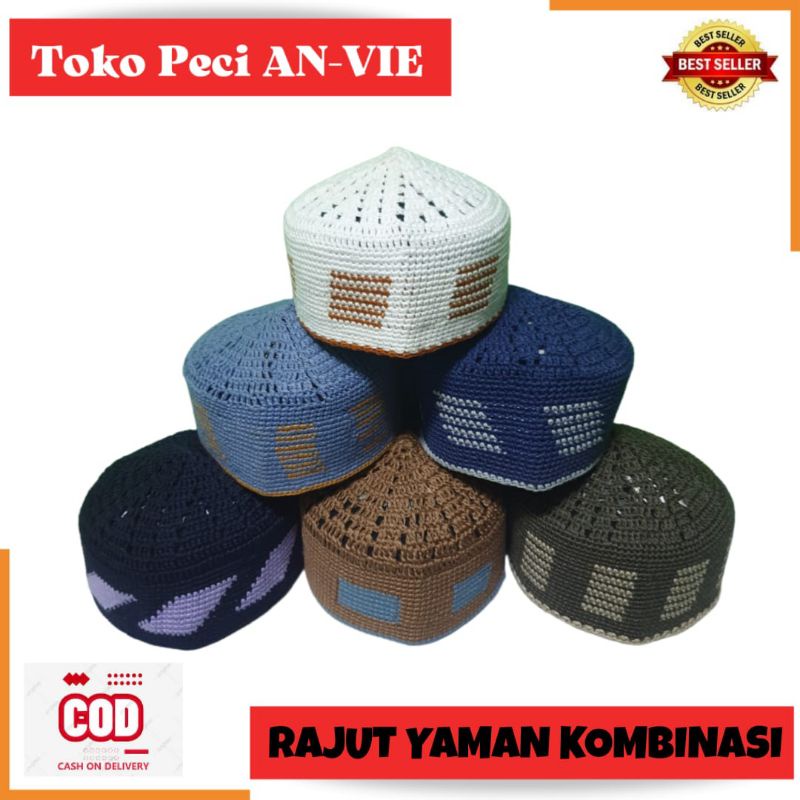 Grosir isi 10 pcs Peci Kopiah Haji RAJUT YAMAN KOMBINASI HANDMADE TEBAL Murah , Peci Rajut Dewasa Ya
