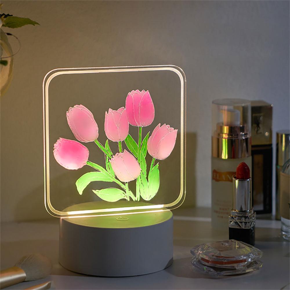 Timekey Acrylic LED Tulip Lampu Malam Bunga Papan Nota Lampu DIY Buatan Tangan Lukisan Tintaging Suasana Bunga Lampu Meja Dekorasi Rumah K7S4