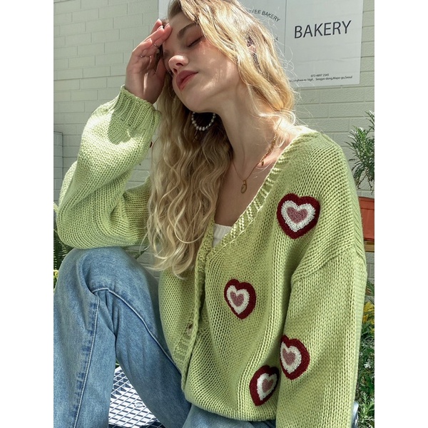 Green Heart Cardigan Knitwear SHEIN