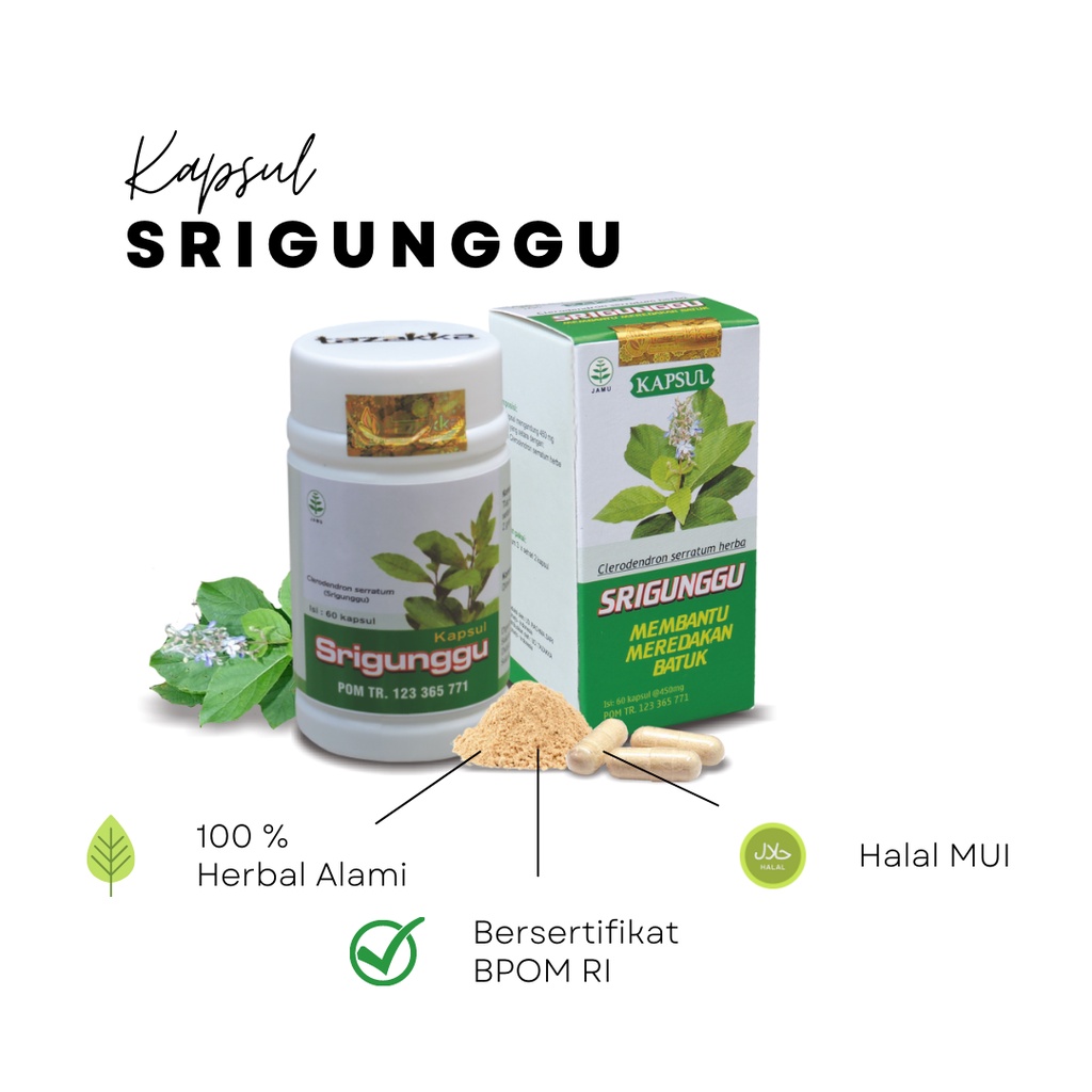 Kapsul Daun Srigunggu Tazakka Original Halal BPOM Isi 60 Capsule Senggugu Obat Gurah Herbal Dahak Le
