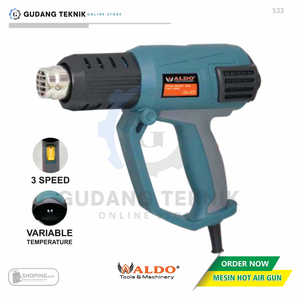 Heat Gun 3 SPEED ALDO 533 / Hotgun Hot Air Gun 2000W ALDO 533 - Alat Pemanas Plastik Variable Temperature 600Celcius ALDO 533