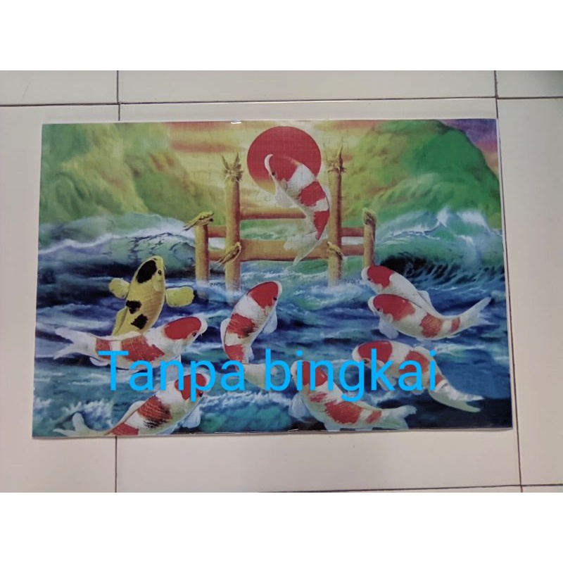 Lukisan Cetak 9 Ikan koi melompat Gerbang Tanpa Bingkai