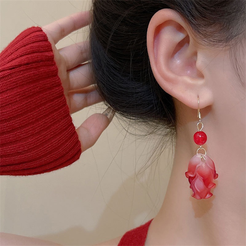 Retro Bunga Merah Rumbai Gaya Baru Anting Mode Temperamen High-End Gaya Baru