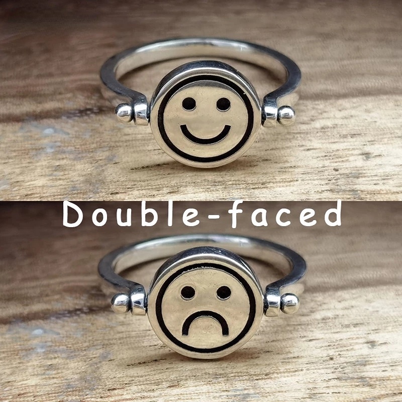 Fashion Perhiasan Wanita Wanita Elegan Wanita Retro Sederhana Jari Cincin Sederhana Indah Hadiah Lucu Rotatable Smiley Sad Face Double Faced Party Rings