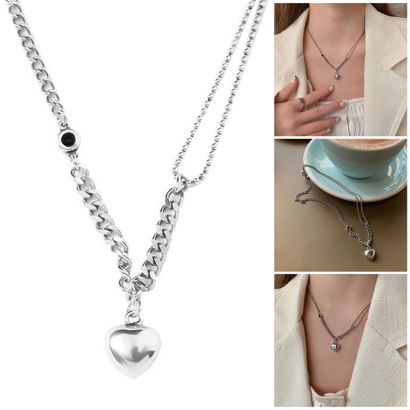 Kalung Liontin Rantai Hati Perak Untuk Wanita Punk Cinta Asimetris Sweater Logam Kalung Sederhana Musim Dingin Perhiasan Trendi