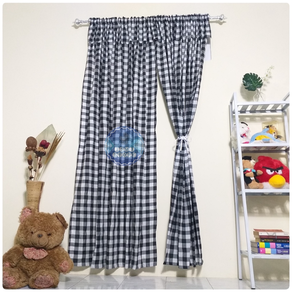 GORDEN PINTU / Tirai JENDELA Minimalis Berhias PONI POLOS FREE Tali Motif Kotak Gingham Unik Kekinian Gordeng Jendela by Ismi Store