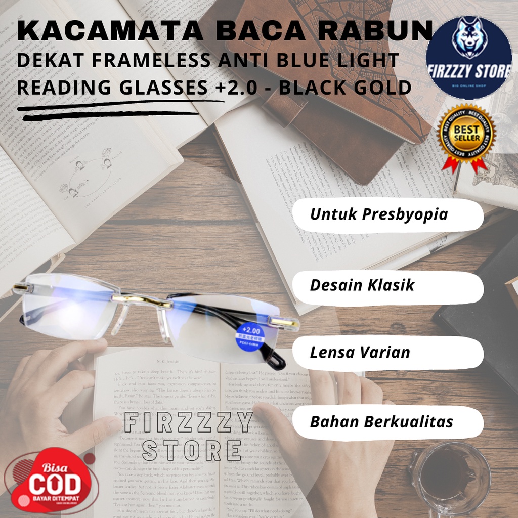 Kacamata Baca Rabun Dekat Frameless Anti Blue Light Reading Glasses +2.0 - Black Gold