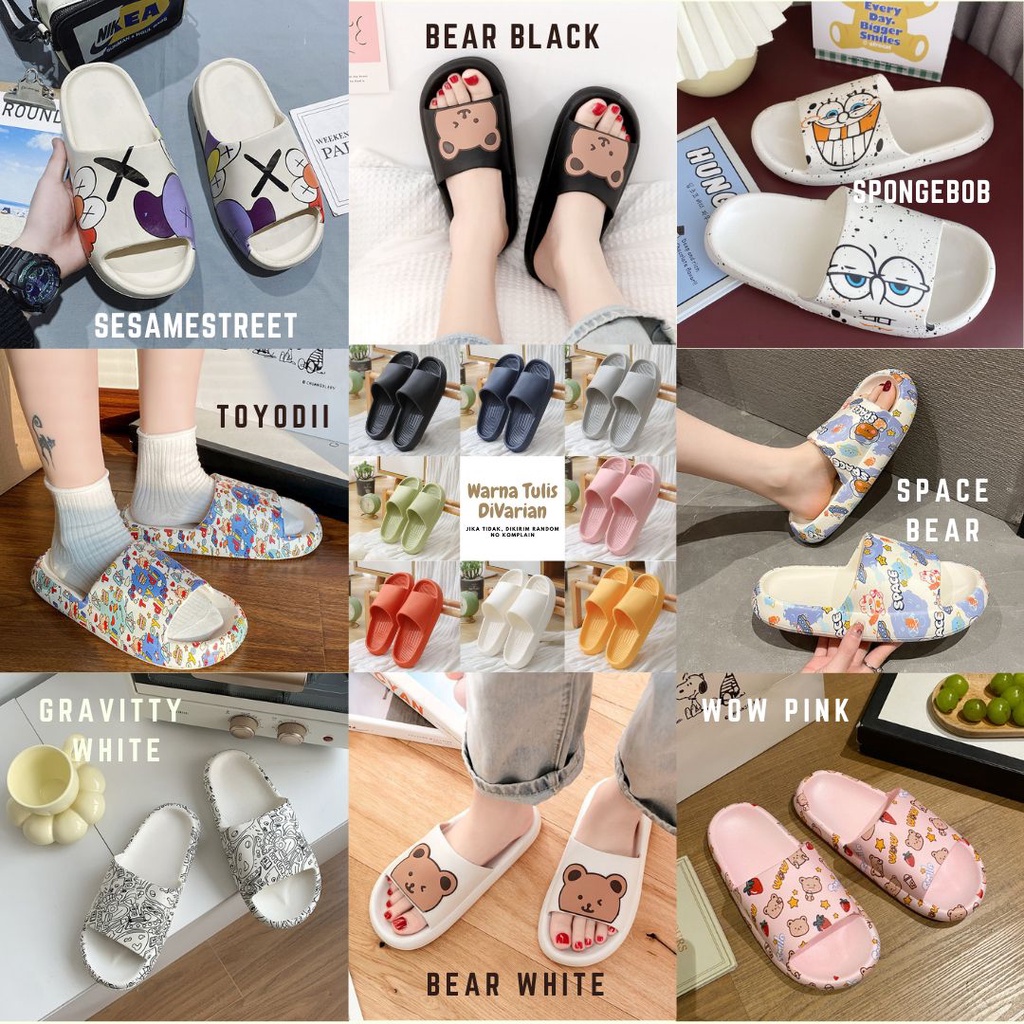 Sandal Jelly Pria Wanita Slip On Anti Licin Sendal Karet Motif Grafiti Beruang Empuk