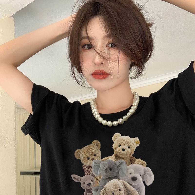 [3 Warna]Print T-shirt Kaos Lengan Pendek Cute Plush Bear Atasan Wanita Korean Style