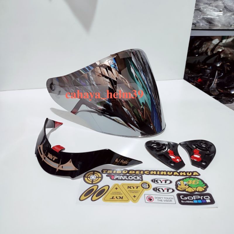 Paket Flat Visor Helm KYT DJ maru / kyt galaxy slide iridium silver / iridium blue + rachet + spoiler  + sticker visor