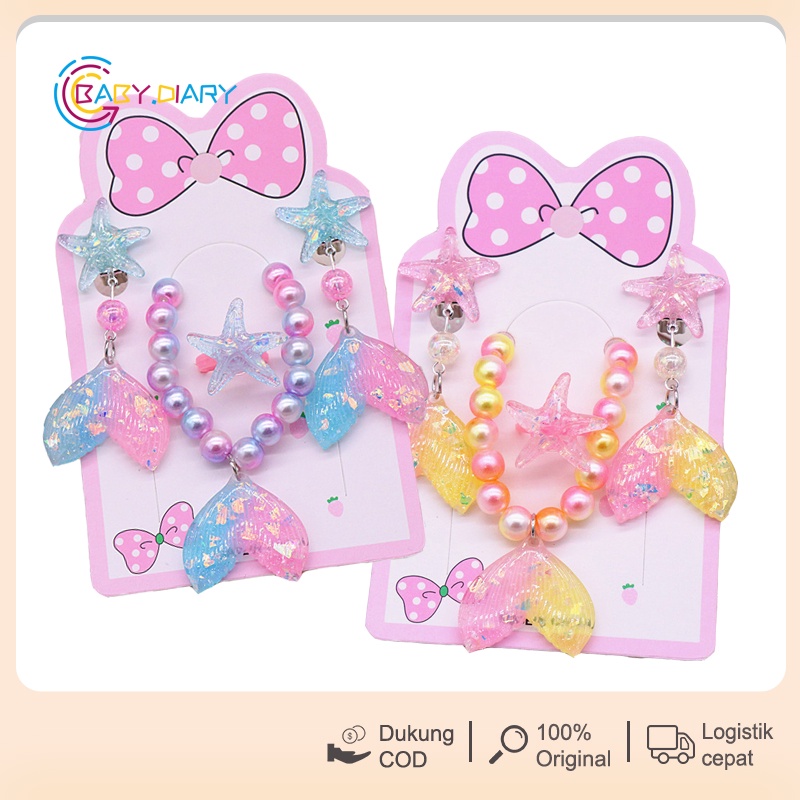 [COD] Set perhiasan anak / anting-anting gelang fishtail kartun lucu set manik-manik gelang / set pe