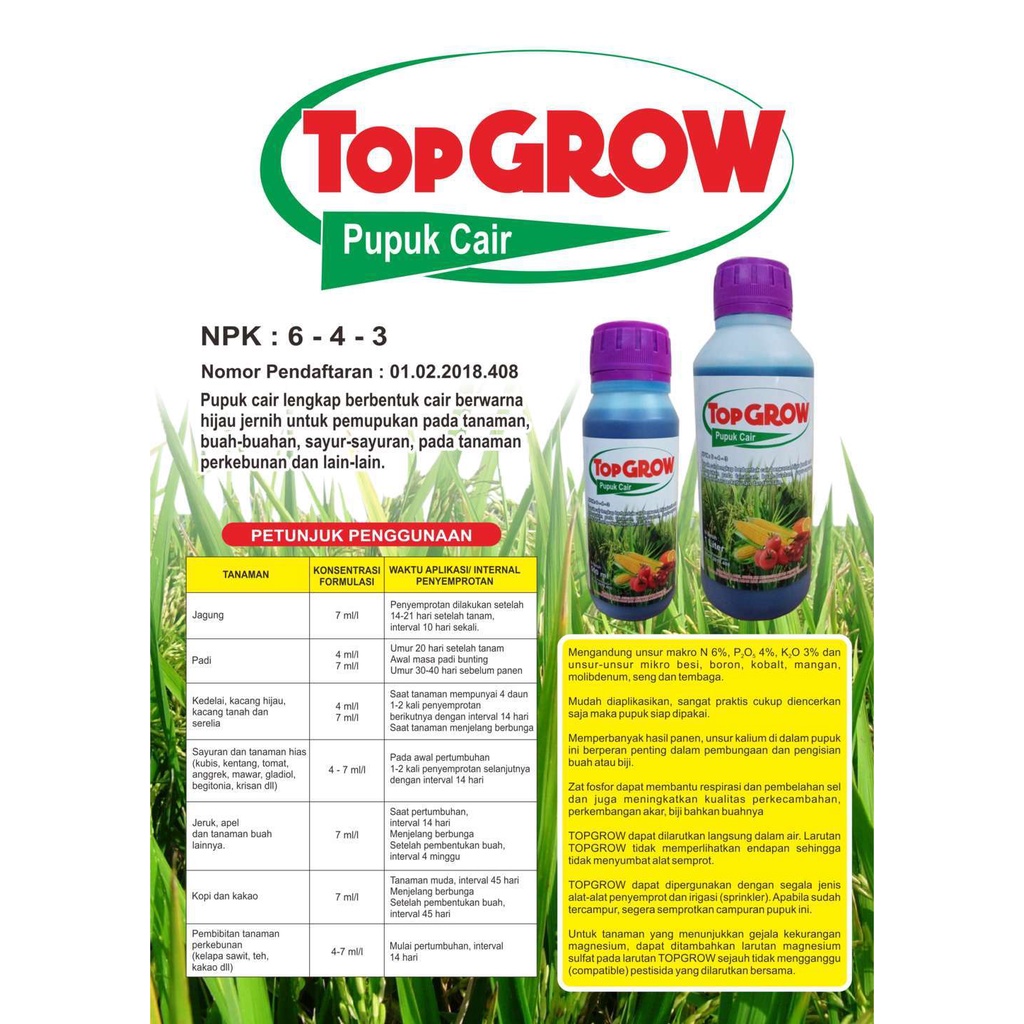 Pupuk Pelebat Bunga Dan Buah Kacang TOP GROW 500ML  Pupuk NPK Cair untuk Mempercepat Pertumbuhan Tanaman, Meningkatkan Kualitas dan Kuantitas Tanaman Sehingga Menghasilkan Buah Kacang Panjang yang Maksimal Bagus Murah