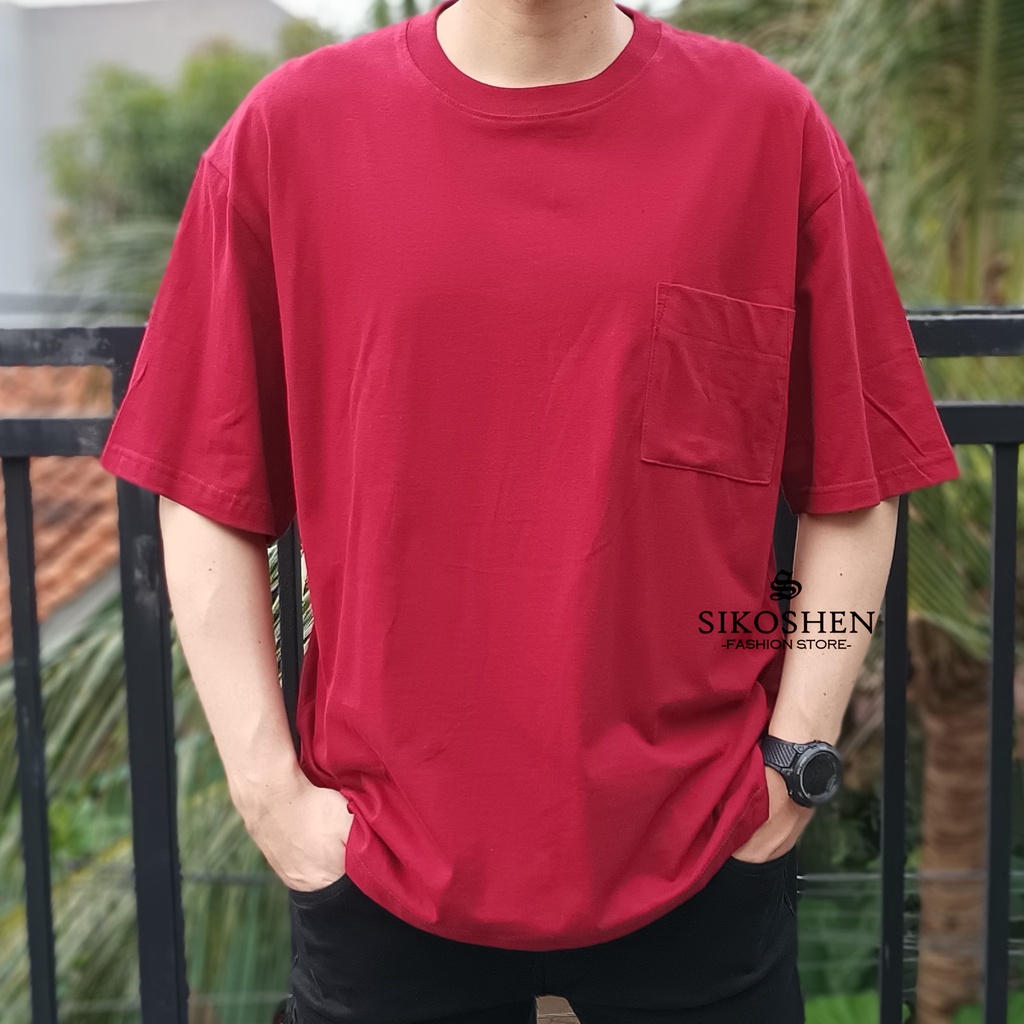 Kaos Oversize Merah Maroon Polos Pria Bahan Tebal Saku Depan