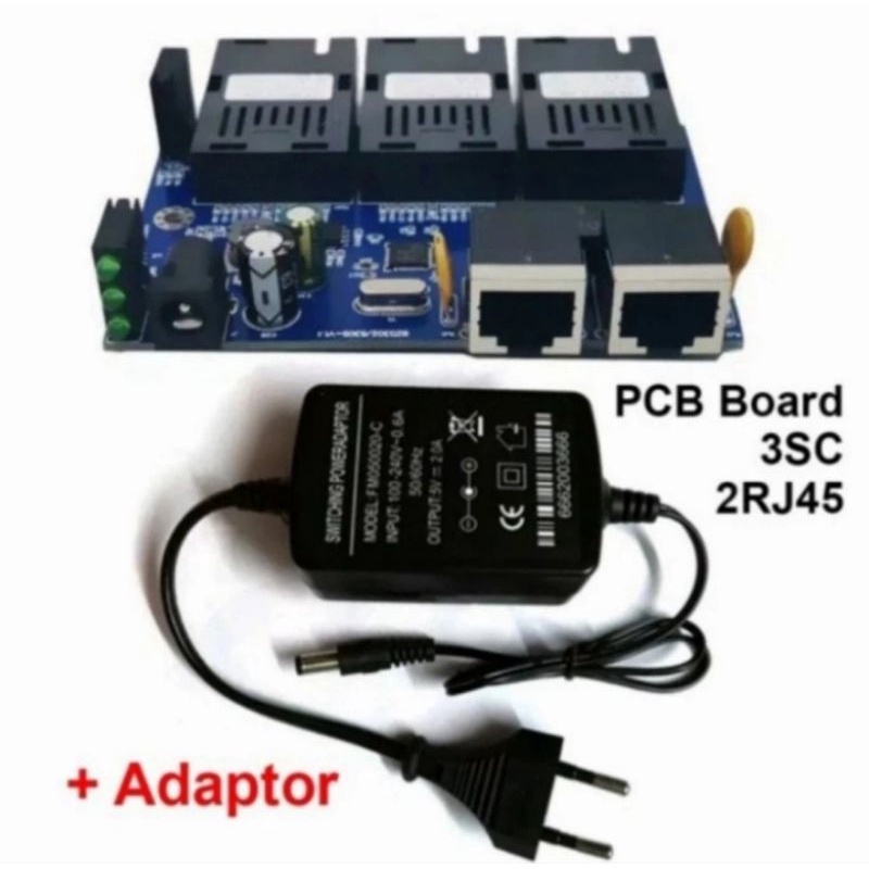 Media Converter 3 Port FO 2 Port LAN 10 / 100 Board + Adaptor 5v - 2 Amper