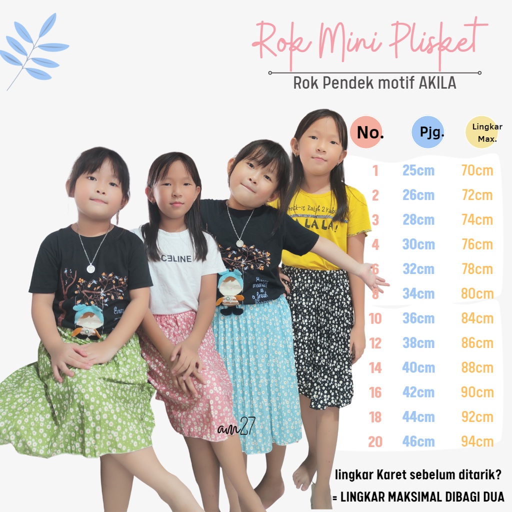 AM27 Rok Plisket Pendek anak 1-12 tahun Pleated Skirt ROK MINI MOTIF AQILA