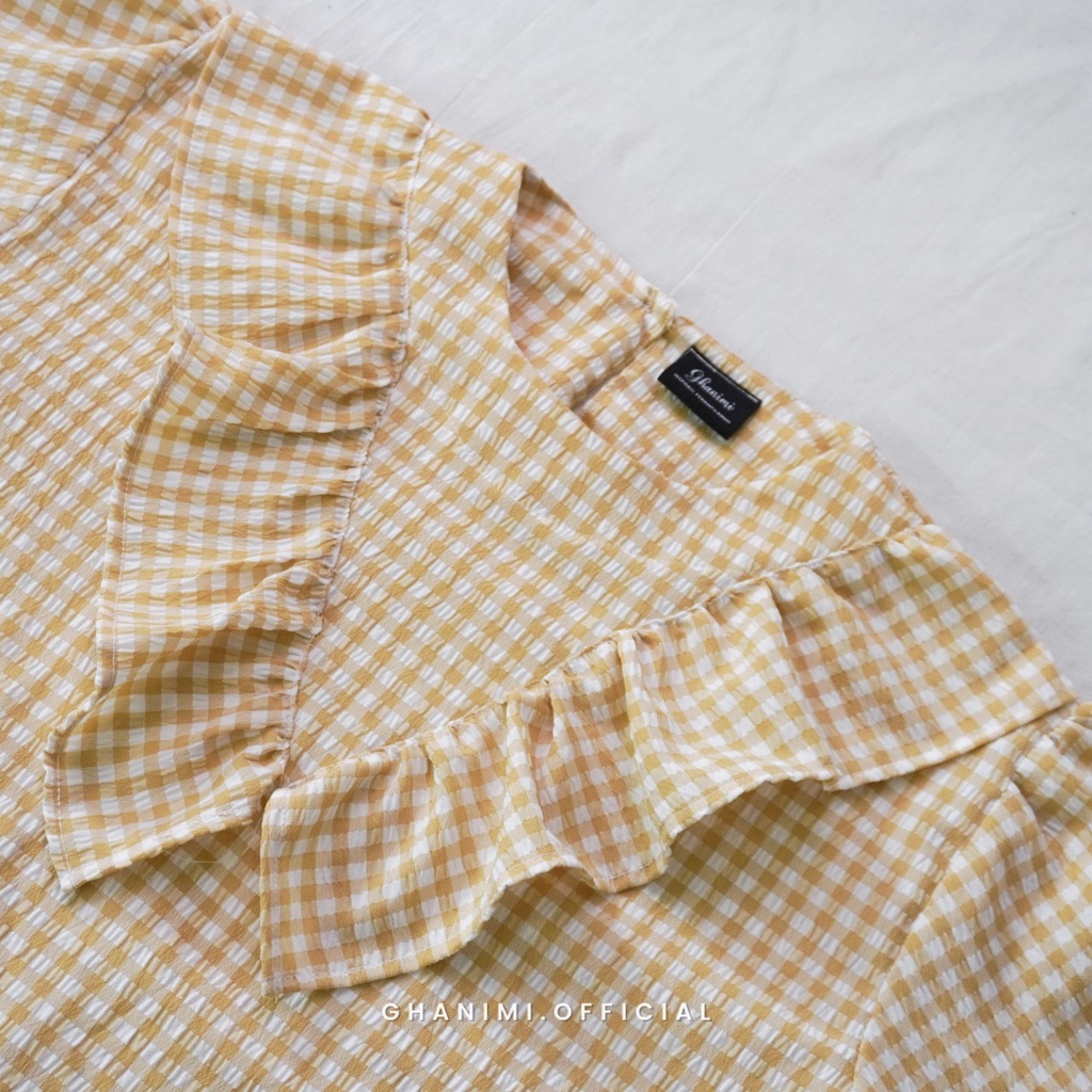 Ghanimi - Kesya Blouse / Blus Crinkle Motif Gingham / Crop Top tangan Panjang / Atasan Motif Ruffle / Atasan Kerja / Blouse Kerja / Atasan Casual / Blus Kerja / Blus unik / Blus kotak kotak