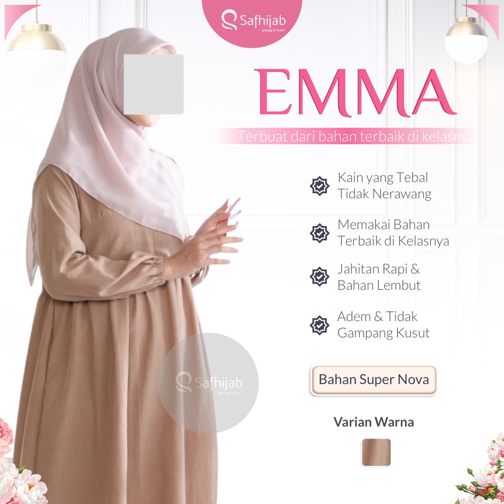 Dress Wanita Muslim Emma Safhijab Gamis Panjang Warna Cream Krem Pakaian Atasan Motif Polos Bahan Su