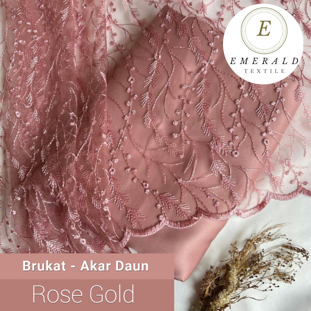 SETENGAH METER Kain Brukat Tile Prancis Bahan Kebaya Motif Akar Daun - Rose Gold ( HARGA PER 50cm KAIN )
