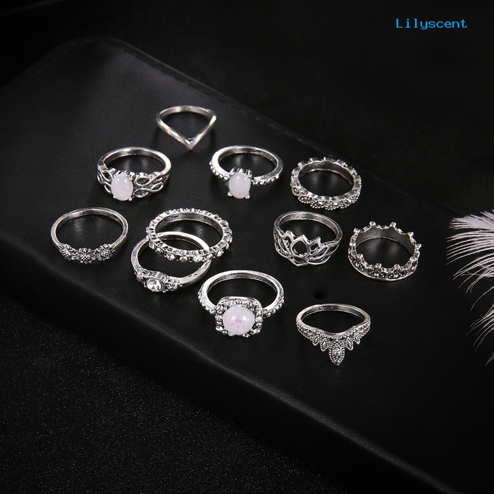 [LS]11Pcs Set Perhiasan Wanita Faux Opal Berlian Imitasi Knuckle Susun Bersama Rings Band