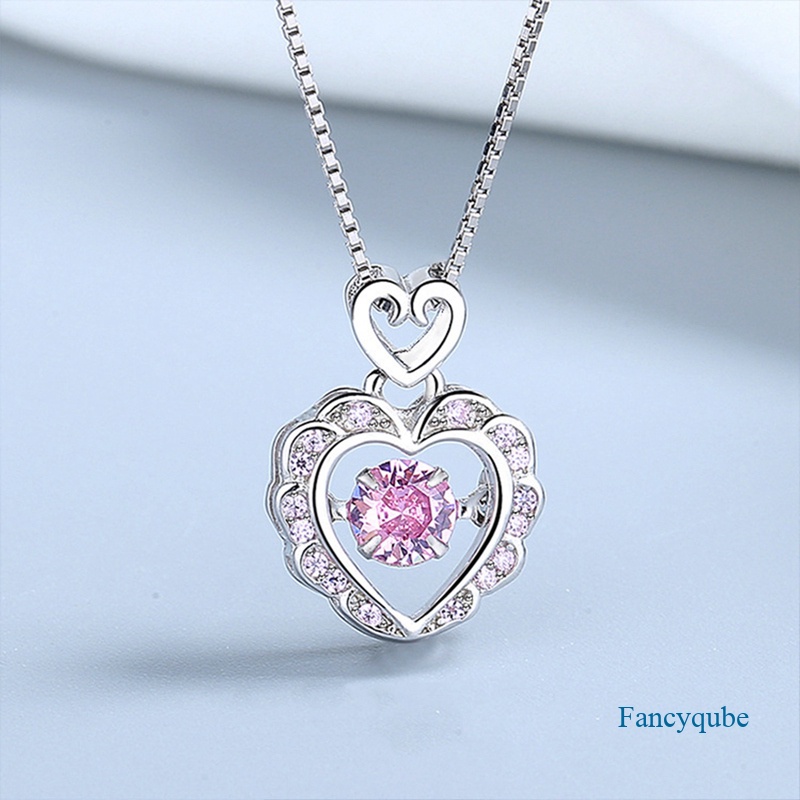 Fancyqube Korea Fashion Hollow Pink Kristal Hati Liontin Kalung Rantai Warna Silver Untuk Wanita Pernikahan Perhiasan Aesthetic