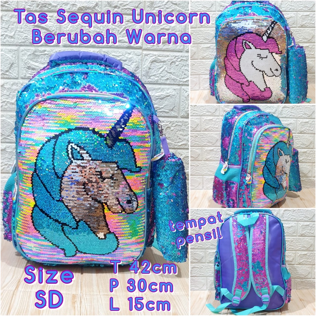 Tas Sekolah Ransel Anak SD Motif Sequin dapat Tempat Pensil Backpack Anak Perempuan Import LOL dan Unicorn SD