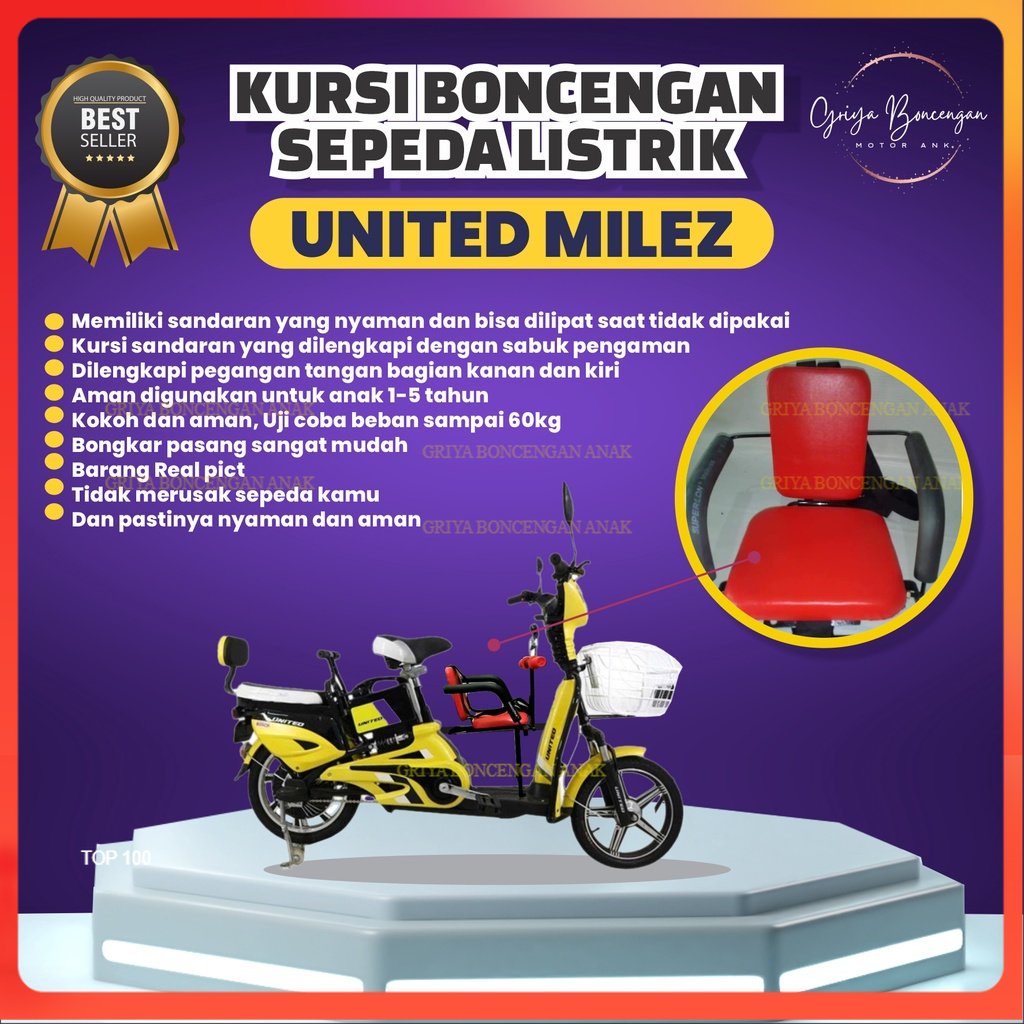 United milez - Boncengan Sepeda Listrik| Kursi Boncengan tambahan depan Sepeda Listrik anak Kursi Boncengan Sepeda Listrik anak