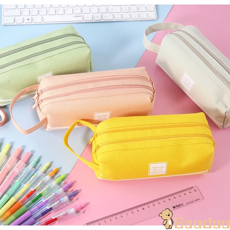 Tempat Pensil Warna Warni Double-layer Besar Portable Kotak Pensil Pouch Oxford Resleting Alat Tulis-Doo