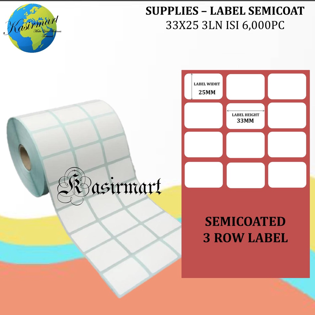Semicoat 33x25 3 Line isi 6000 Core 1 Inch Label Stiker Barcode Sticker 33 x 25 Cetak Label Minuman Obat Apotek