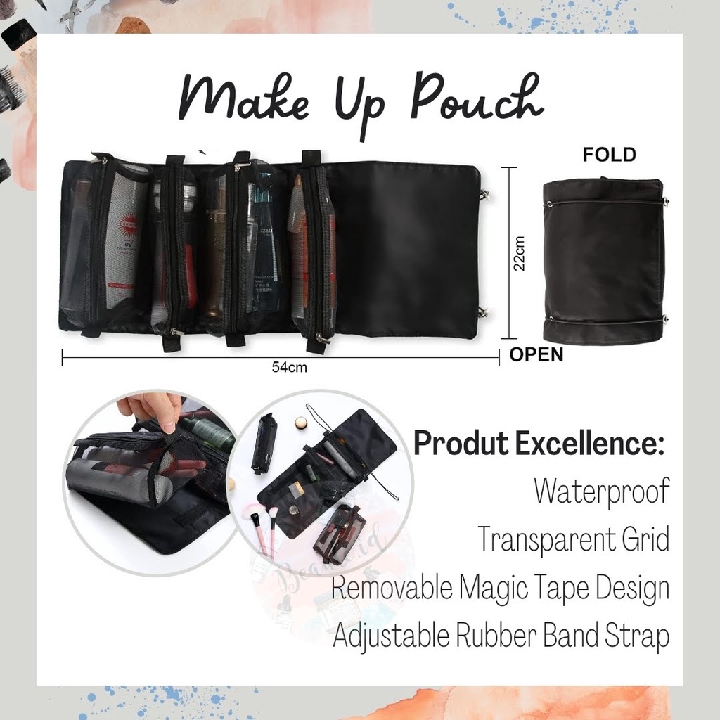 Pouch / Tas Make Up 4 in 1 Roll Portable Organizer Alat Kosmetik / Skincare / Kuas Wajah Mudah Dibawa Travel Dapat Dilepas Praktis Elegan Transparent Black