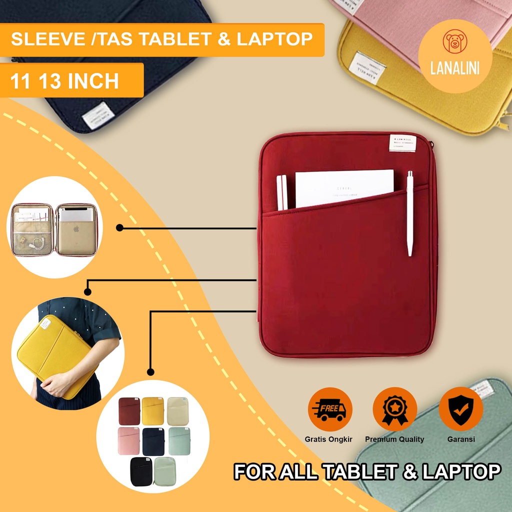 Sleeve Pouch Sarung Tas Bag Case Ipad Tab Tablet Macbook Air Pro Laptop Asus Acer Lenovo HP Huawei 11 12 13 14 15 inch Motif Gambar Polos Warna Biru Navy Hijau Pink Mustard Yellow Brick Merah Lucu Cute Murah Korean Model Banyak Ruang Slot Stationary