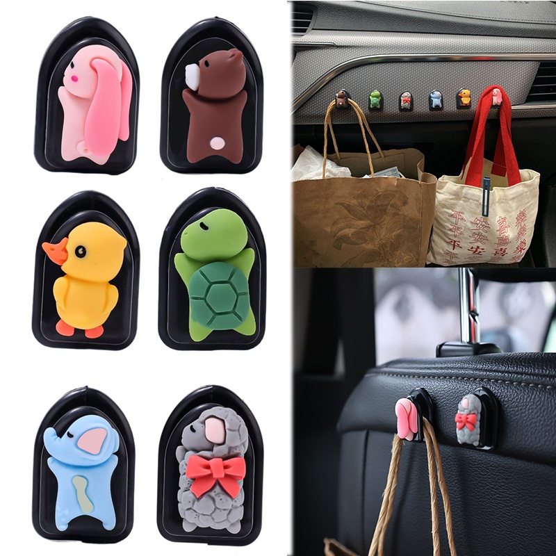 Kartun Hewan Lucu Car Hook Universal Car Seat Headrest Hooks Car Self Adhesive Tote Bags Kait Gantung Interior Otomotif Kait Dekoratif Mini Turtle Rabbit Storage Hook