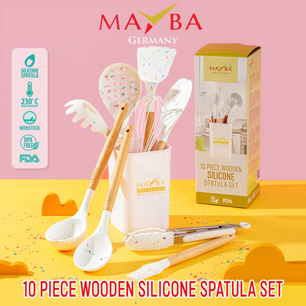 Germany Mayba Spatula Set Silicone 10 pcs gagang kayu - sutil dapur Silikon anti panas White springkle dengan wadah sodet kualitas terbaik