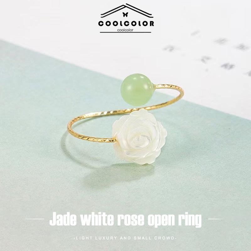 COD❤️Cincin Wanita Pembuka Bunga Mawar Putih Giok  Kemewahan Cahaya Cincin Desain Niche- cl