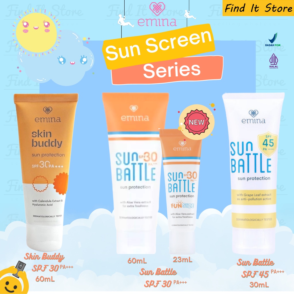 Emina Sun Protection SPF 30 PA+++ | Sun Battle SPF 30 PA+++ | SPF 45 PA+++ Skin Buddy Sunscreen Sunblock Wajah